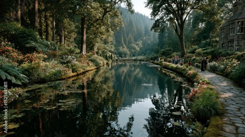 Serene Garden Pathway with Lush Vegetation and Reflective Pond Ideal for Nature and Relaxation