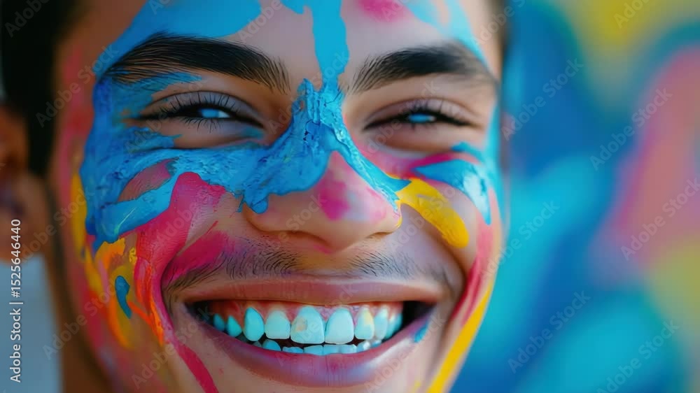 Vibrant face art and joyful expression with colorful painted smiles Vibrant face art and joyful expression with colorful painted smiles