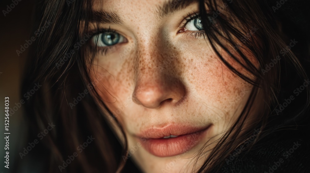 Striking portrait of a young woman with freckles and captivating blue eyes Striking portrait of a young woman with freckles and captivating blue eyes