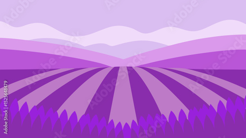 Abstract lavender field landscape illustration with purple hues and simple design