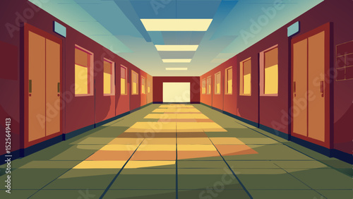 Animated perspective view of school hallway with doors and windows on transparency
