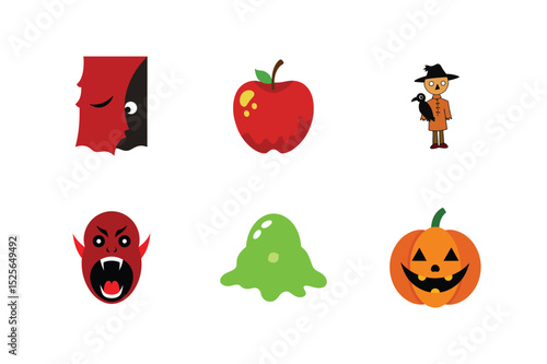 Halloween cartoon icons set vampire pumpkin scarecrow slime apple and more Vector illustration