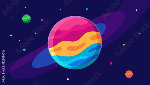 Colorful cartoon planet with rings and other planets in a dark space scene