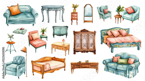 Collection of classic and cozy home furniture objects. Key furniture items include blue sofa and couch, bed with pink pillows, various designs armchairs,different types of tables such as coffee table.