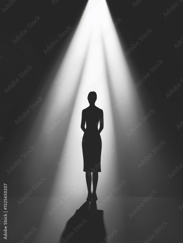 Fototapeta premium Female model standing on stage with dramatic lighting effect