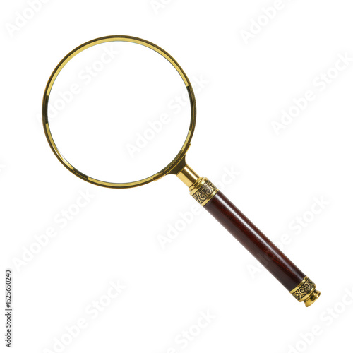 A decorative magnifying glass with an ornate classic brass and dark hardwood handle, large clear reflective lens, isolated on a seamless transparent studio background with shadowless diffused