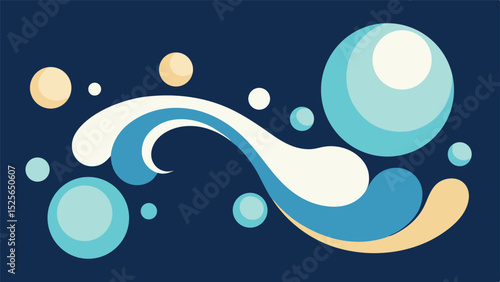 Abstract design of flowing shapes and bubbles in various shades of blue