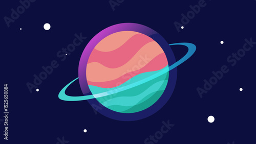 Colorful planet orbiting in a glowing galaxy with rings and celestial bodies