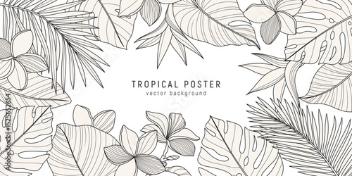 Vector summer frame with tropical plants, palm fronds, and flowers. Botanical background for wedding invites, event flyers, and print design.