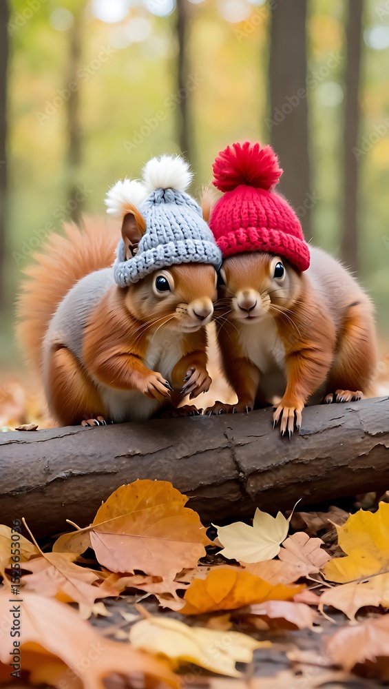 Fototapeta premium Adorable Autumn Squirrels in Knit Hats A Perfect Fall Scene