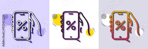 Discounts app line icon. Halftone dotted pattern. Gradient icon with grain shadow. Sale offer sign. Phone promotion price symbol. Line discounts app icon. Various designs. Vector