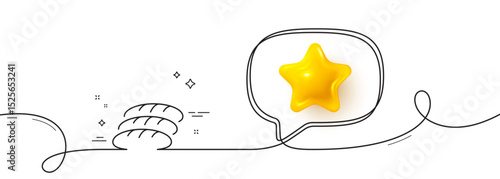 Bread line icon. Continuous line with 3d star. Bakery food sign. Pastry baguette symbol. 3d star in speech bubble. Bread single line ribbon. Loop curve pattern. Vector