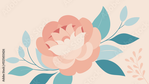 Elegant floral illustration with soft hues featuring a peony blossom and leaves