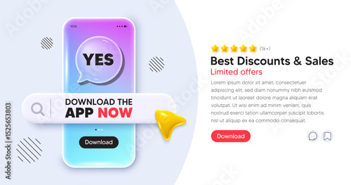 Yes mobile phone banner. App chat speech bubble. Yes text tag. Approved ok message. Done or Good deal symbol. Phone template with search bar. Download the app now. Vector