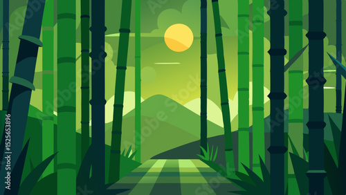 Flat design illustration of a bamboo forest scene with a sunset or sunrise background
