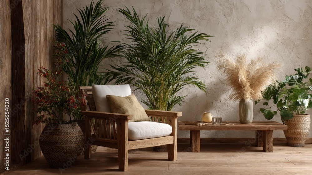 Fototapeta premium A cozy, inviting space with natural wood and stone elements.