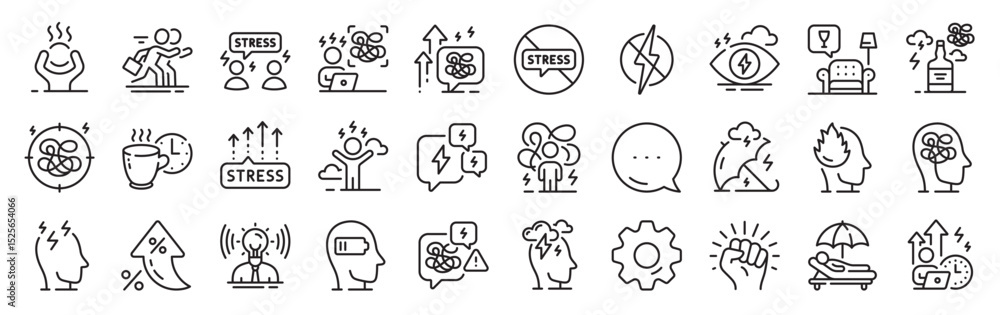 Fototapeta premium Stress line icons. Settings gear, Message, Inflation icons. Mental health, depression and confusion thoughts. Frustrated man, negative mood, panic fear outline icons. Vector