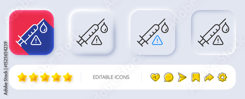 Vaccine attention line icon. Neumorphic, Flat shadow, 3d buttons. Vaccination syringe warning sign. Jab symbol. Line vaccine attention icon. Social media icons. Vector