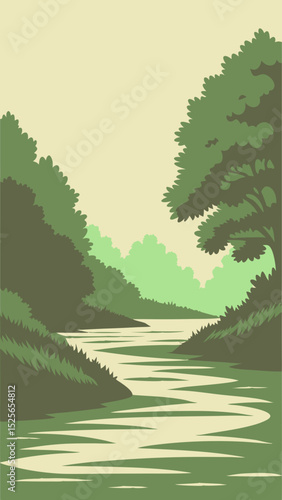 Serene river scene flowing through a lush forest with layered greenery design