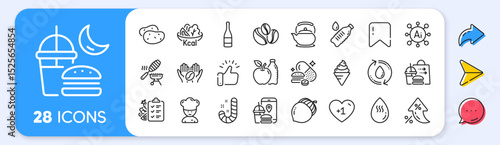 Acorn, Ice cream and Teapot line icons. Interest rate, AI generate, Inflation icons. Pack of Hot water, Champagne bottle, Diet menu icon. Night eat, Fish grill, Coffee-berry beans pictogram. Vector