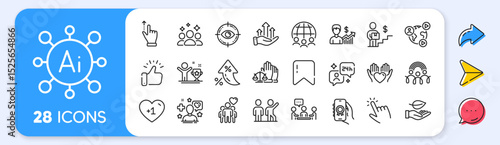 Teamwork, Global business and Squad line icons. Interest rate, AI generate, Inflation icons. Pack of Delivery man, Award app, Friendship icon. Consulting, Patient, Growth chart pictogram. Vector
