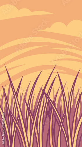 Stylized sunset landscape featuring reeds with transparent background for versatile design