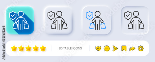 Buyer insurance hand line icon. Neumorphic, Flat shadow, 3d buttons. Risk coverage sign. Shopping protection symbol. Line buyer insurance icon. Social media icons. Vector