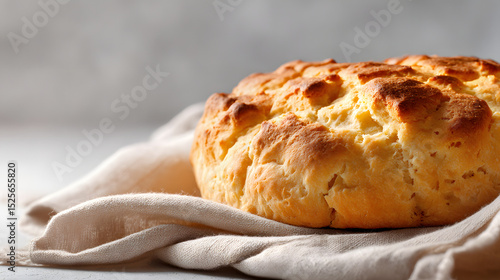 Traditional bannock bread, golden and rustic, served on a light neutral background with open space on the left for text