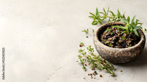 Traditional olive tapenade in a small rustic bowl with fresh herbs on a light neutral background