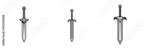 Icon set of three detailed sword designs for fantasy art or game projects featuring different styles and shapes