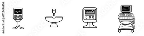 Medical icon set depicting various healthcare monitoring devices and tools typically found in clinical environments