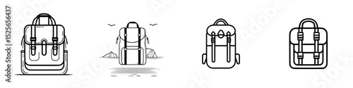 Collection of line art icons showcasing various backpack designs for outdoor activities and everyday use