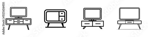 Set of four minimalist television icons showcasing different styles and designs for modern digital displays and furniture arrangements