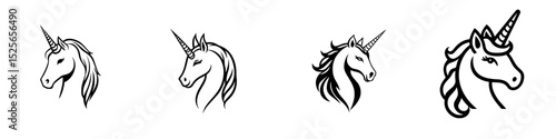 Stylized unicorn icon set showcasing different outlines and hairstyles for creative design projects