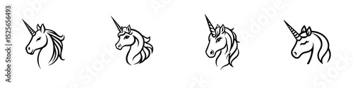 Collection of unicorn head icons showcasing various styles and designs on a white background