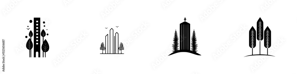 Naklejka premium Icon set featuring trees, buildings, and natural elements designed for urban and environmental themes