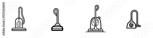 Icon set of vintage vacuum cleaners showcasing different designs and forms for home cleaning