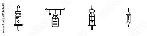Collection of black and white vaccination icons representing syringes and vials for medical use