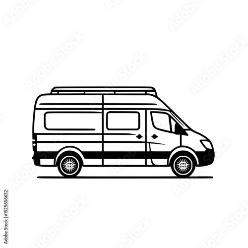 Black line art of a delivery van showcasing a side view for transportation and logistics services in urban settings