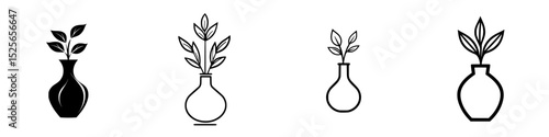 Icon set of various styled vases with greenery for design and decoration purposes in modern aesthetics