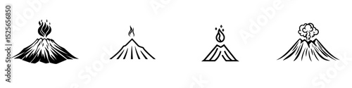 Icon set featuring black and white volcanic illustrations showcasing various stages of eruptions and volcanic activity
