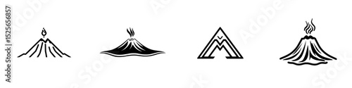 Diverse volcanic icon set showcasing various styles of volcanic eruptions and geographical features in minimalist design