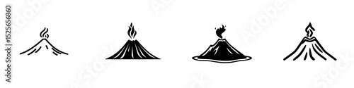 Icon set featuring various volcano designs representing different volcanic activities and eruptions