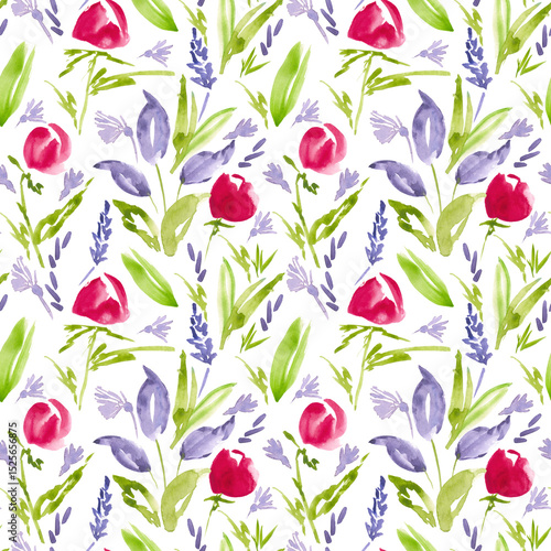 Fotografie Hand-Painted Watercolor Spring Tulips and Lavender Seamless Pattern: Flower Art for Contemporary Textiles, Fresh Backgrounds, Wrapping Paper and Creative Home Accents