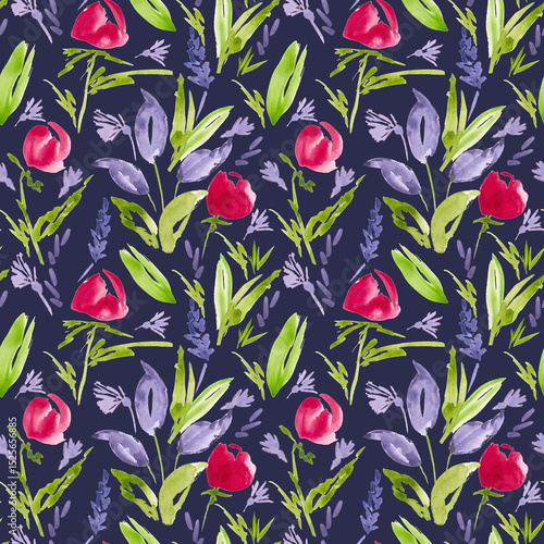 Fototapeta Hand-Painted Dark Floral Watercolor Tulip Seamless Pattern: Elegant Botanical Design for Sophisticated Fabrics, Dramatic Wall Decor and Unique Product Styling