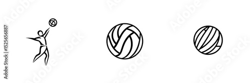 Icon set featuring various representations of volleyball actions and balls designed for digital applications
