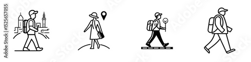 Icon set illustrating diverse individuals walking in urban settings with backpacks, hats, and accessories capturing the essence of exploration