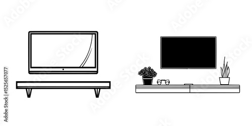 Icon set depicting two television designs with furniture, featuring a minimalistic aesthetic suitable for modern living spaces