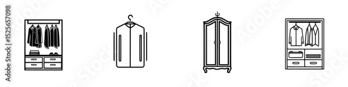 Icon set showcasing various types of clothing storage solutions suitable for organizing garments and accessories in modern interiors
