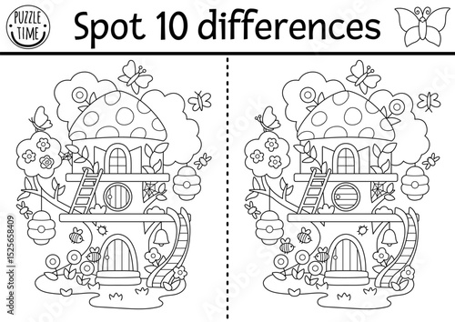 Black and white find differences game. Fairyland educational activity with fairy bug tree house. Magic forest puzzle for kids. Fairytale line printable worksheet, coloring page with fantasy home